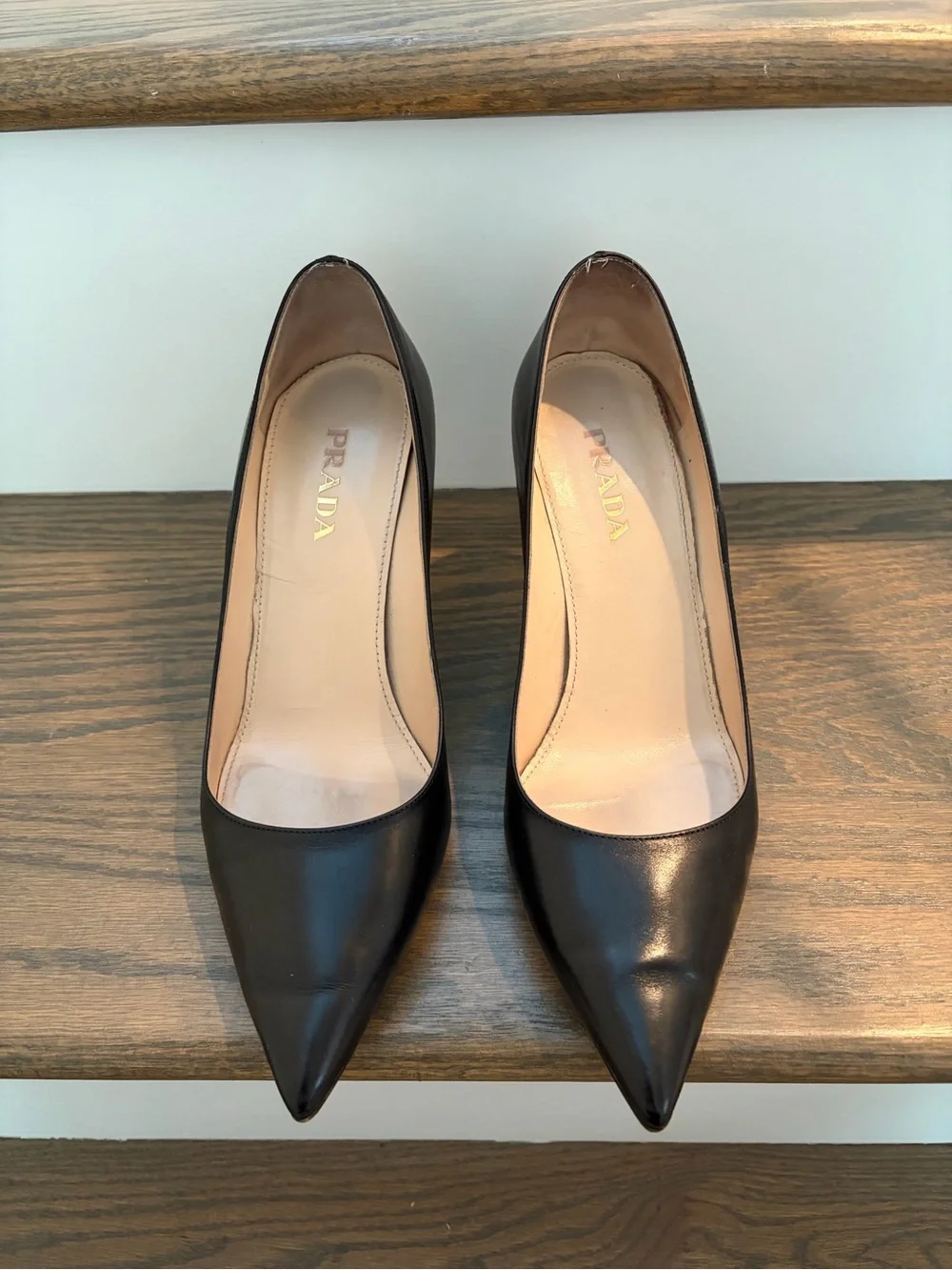 Prada Black Leather Pointed-Toe Stiletto Pumps, 85mm, Size 38